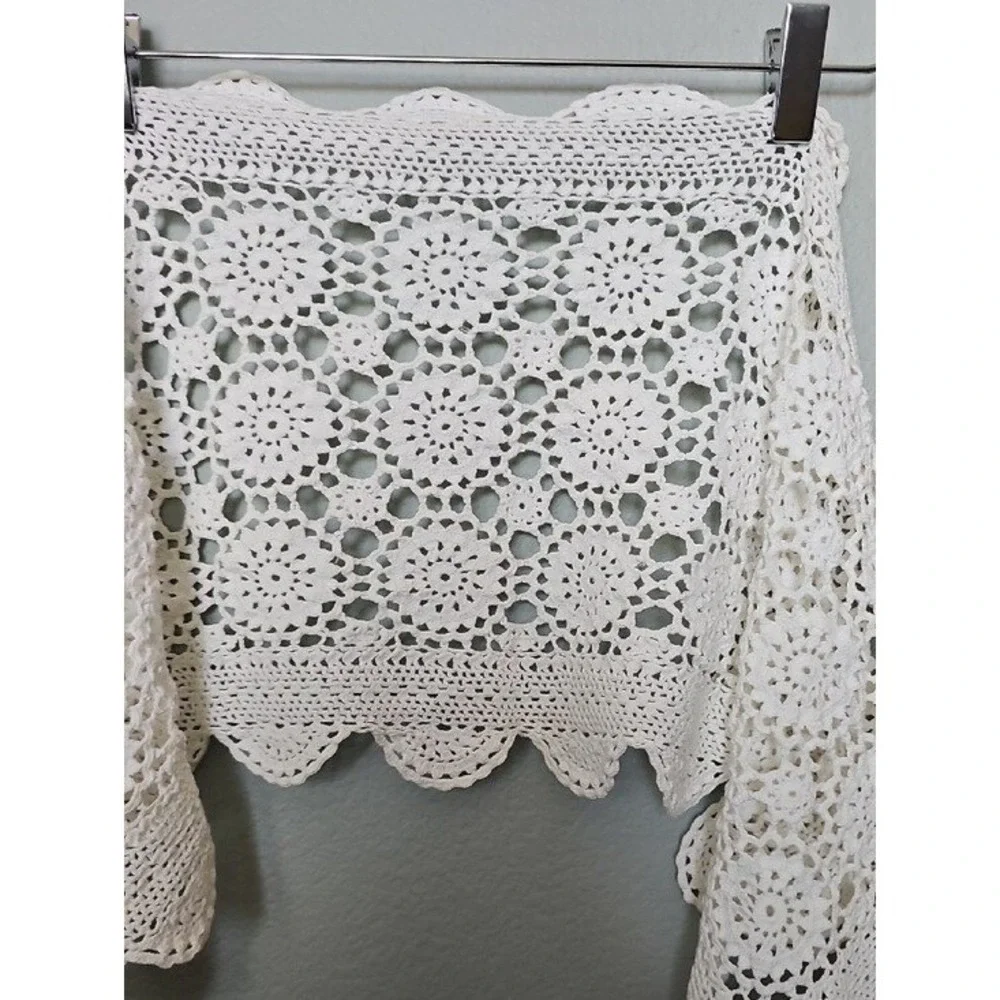 White Crochet Lace Table Runner Handmade Floral Scalloped 13x34 Cottagecore Boho